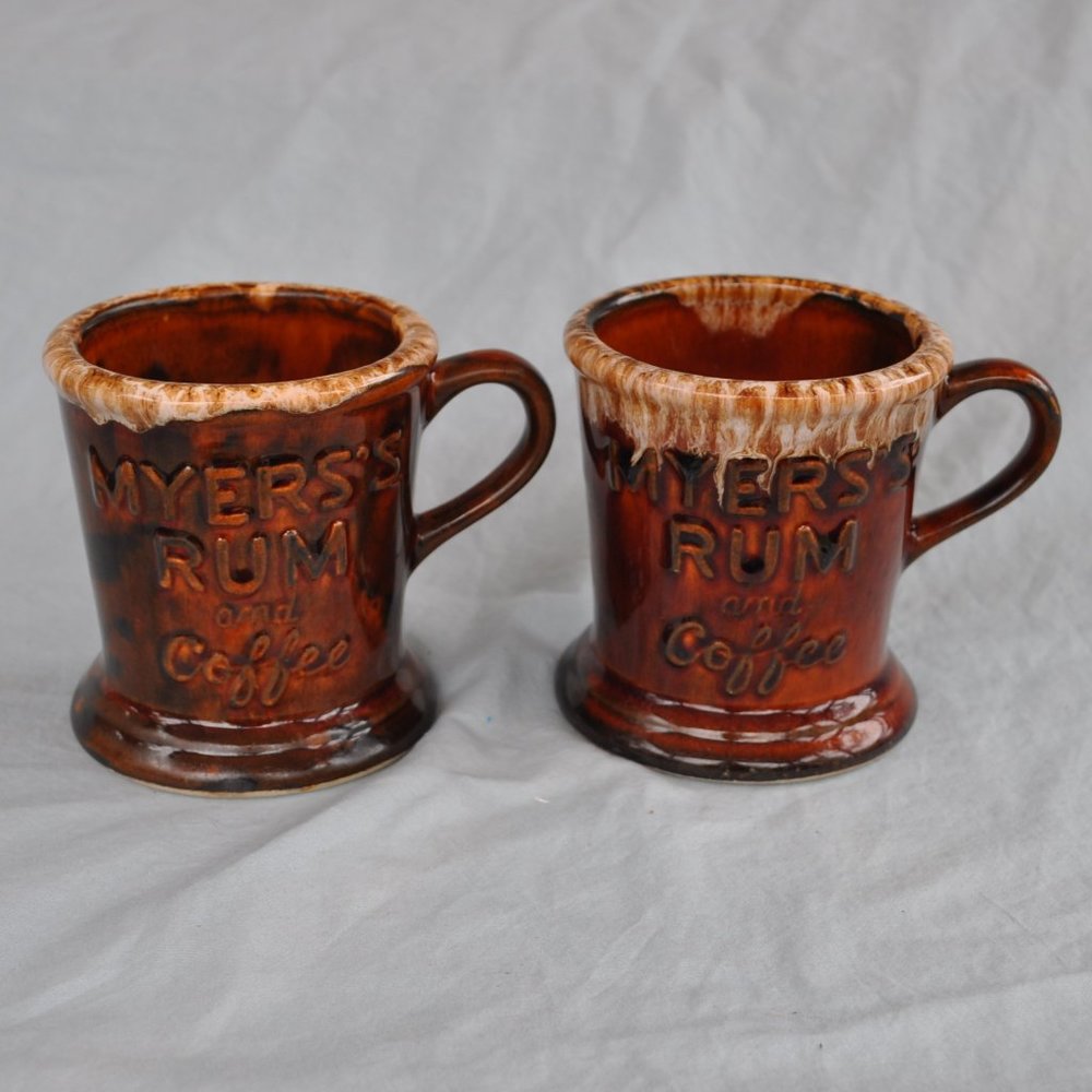 TWO mugs Myers rum coffee brown drip glaze 12 oz (w620)